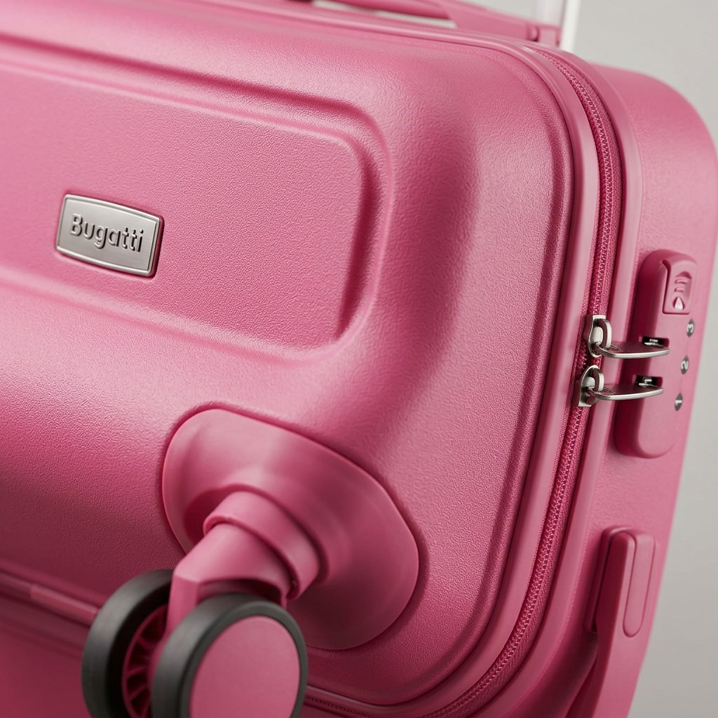 Detail macro view of the 3-digit combination lock, zipper pulls, textured pink hardshell casing, and caster wheel of a single Bugatti Skyward suitcase.