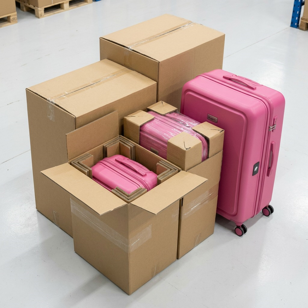 A premium unboxing scene showing the pink 3-piece nested luggage set, from image_0.png, protected by neutral foam corner guards and film within open cardboard shipping boxes in a clean, realistic warehouse environment.