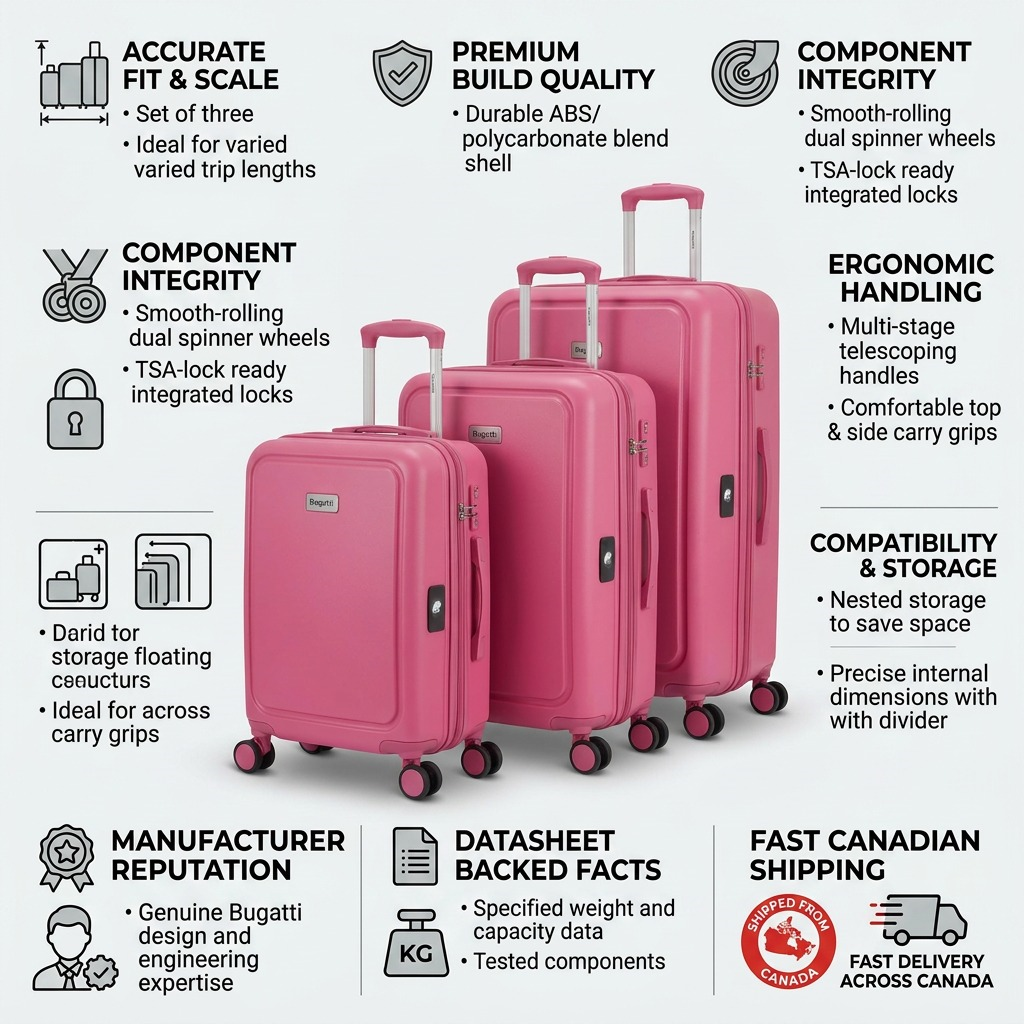 Infographic matrix highlighting facts about the Bugatti Skyward Luggage Set, with Canadian shipping details.