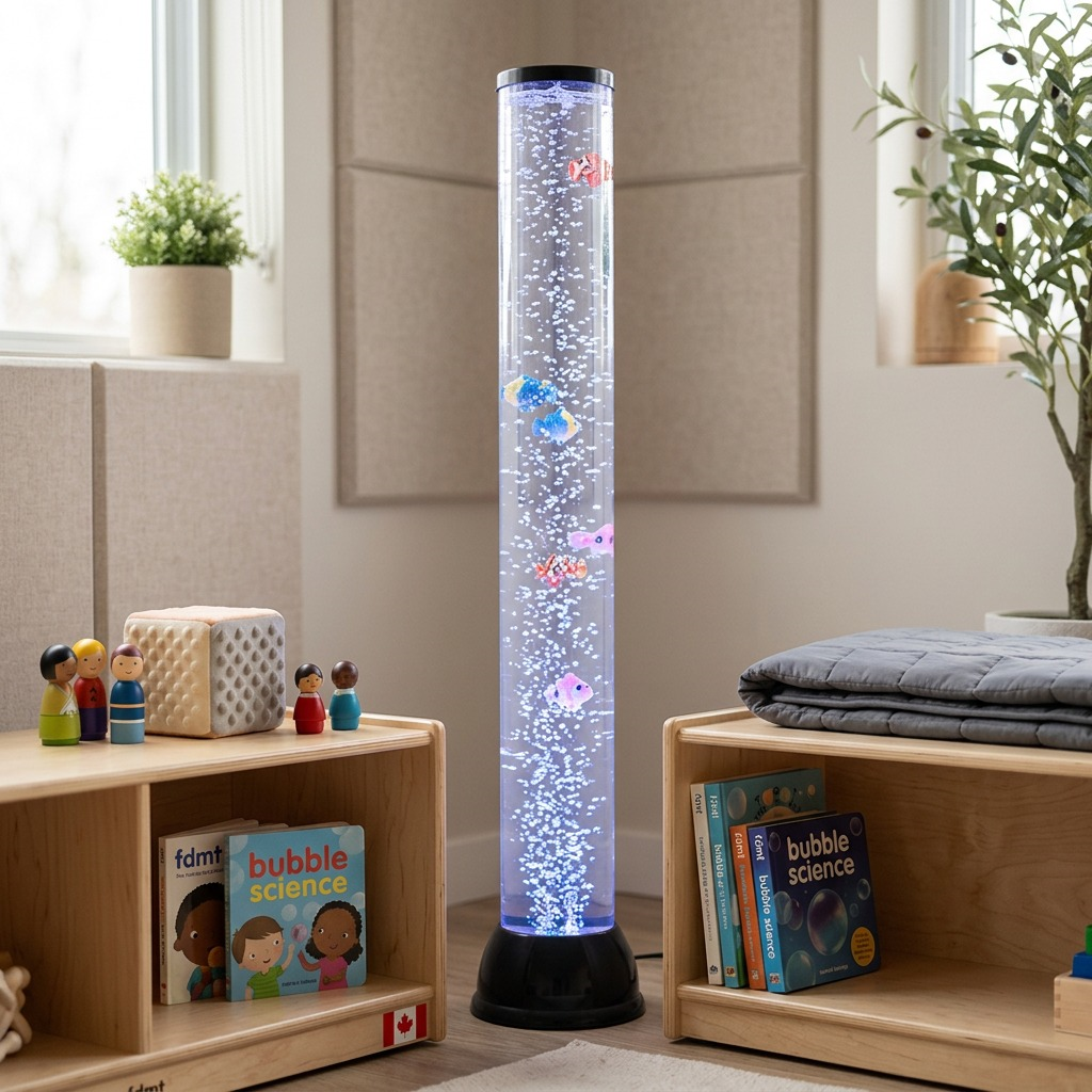 fdmt Bubblebeam 82cm sensory bubble tube with LED lighting and fish in a calm playroom environment.