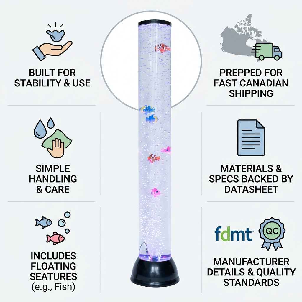 fdmt Bubblebeam 82cm sensory tube infographic highlighting stability, care, and fast Canadian shipping.