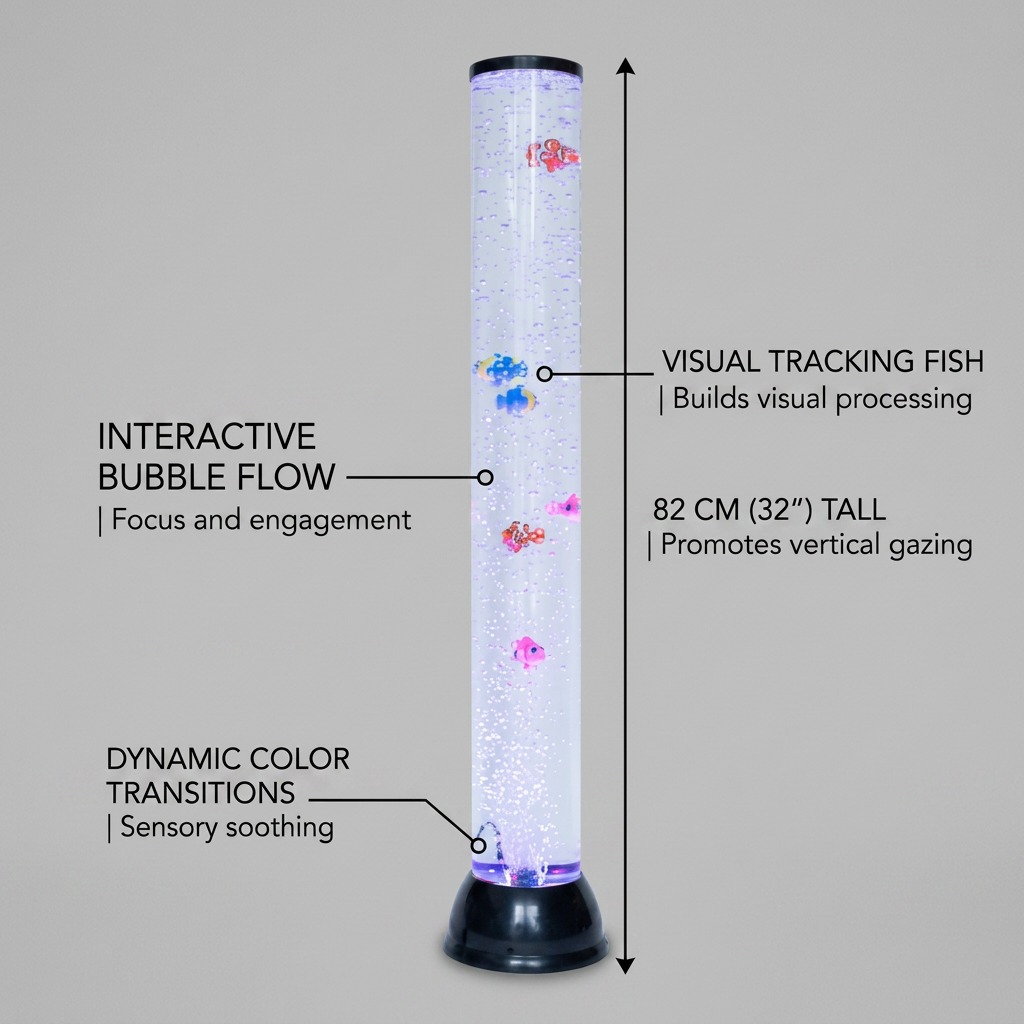 fdmt Bubblebeam sensory tube featuring interactive bubbles, floating fish, and LED color transitions.