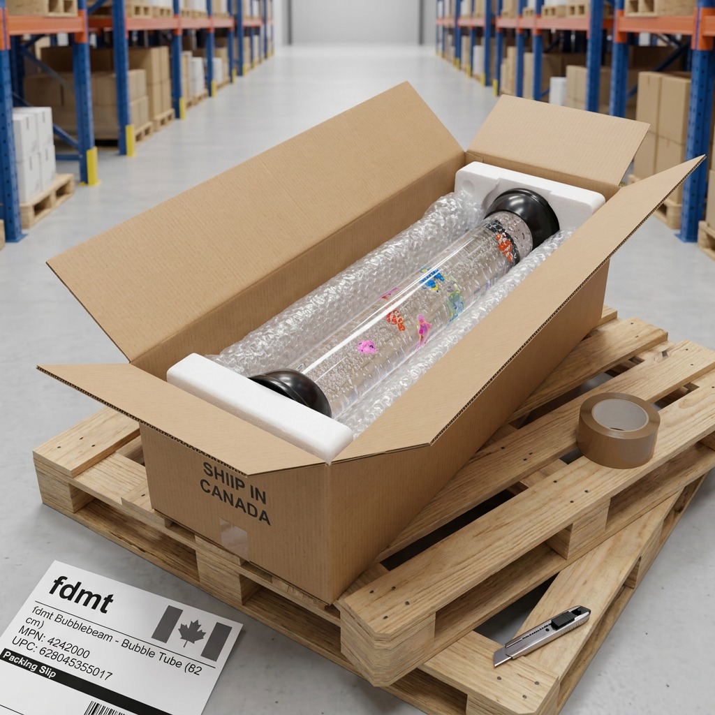 fdmt Bubblebeam 82cm sensory bubble tube securely packed with bubble wrap and foam in a shipping box.