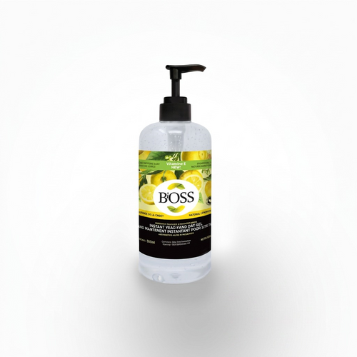 BiOSS 500ml Hand Sanitizer gel bottle with black pump, featuring a lemon and Vitamin E label.