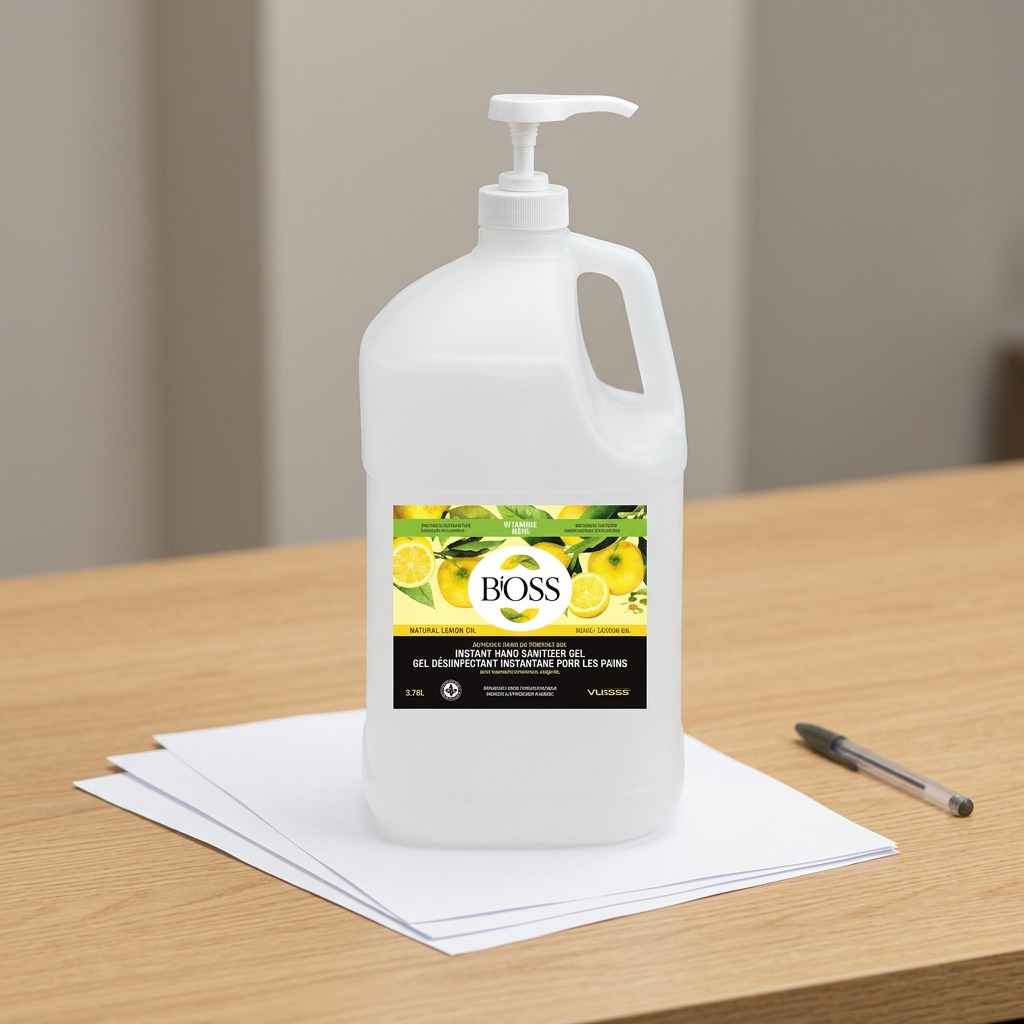 BiOSS 3.78L hand sanitizer jug with pump on a desk beside a pen and paper for scale reference.