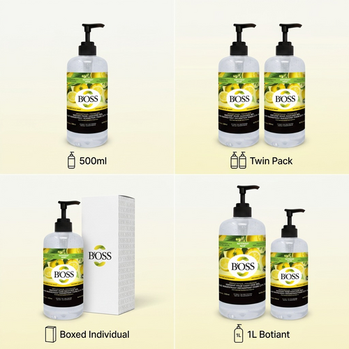 Grid of BiOSS lemon hand sanitizer showing 500ml, twin pack, boxed individual, and 1L variants.