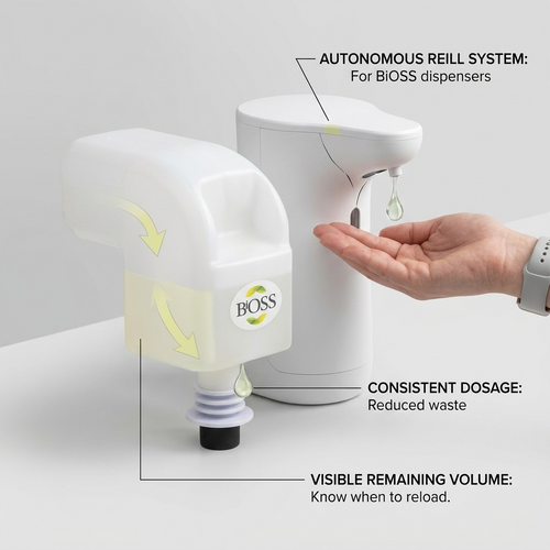 BiOSS hand sanitizer dispenser and refill bottle with callouts for visible volume and consistent dosage.