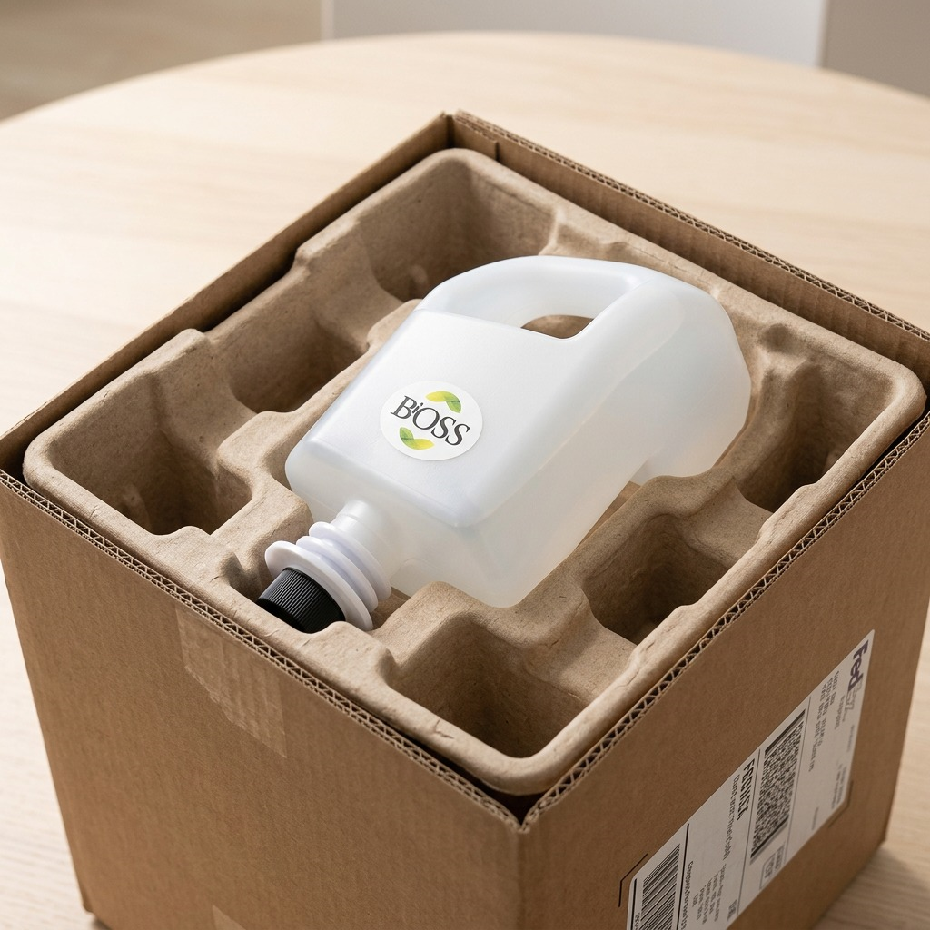BiOSS 850ml hand sanitizer refill bottle secured in protective cardboard shipping packaging.