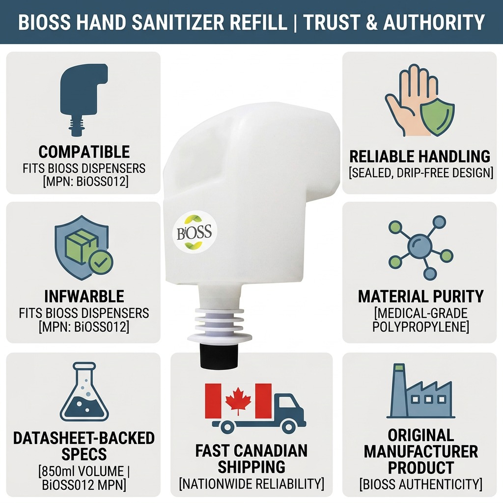 BiOSS 850ml hand sanitizer refill infographic showing dispenser compatibility and fast Canadian shipping.