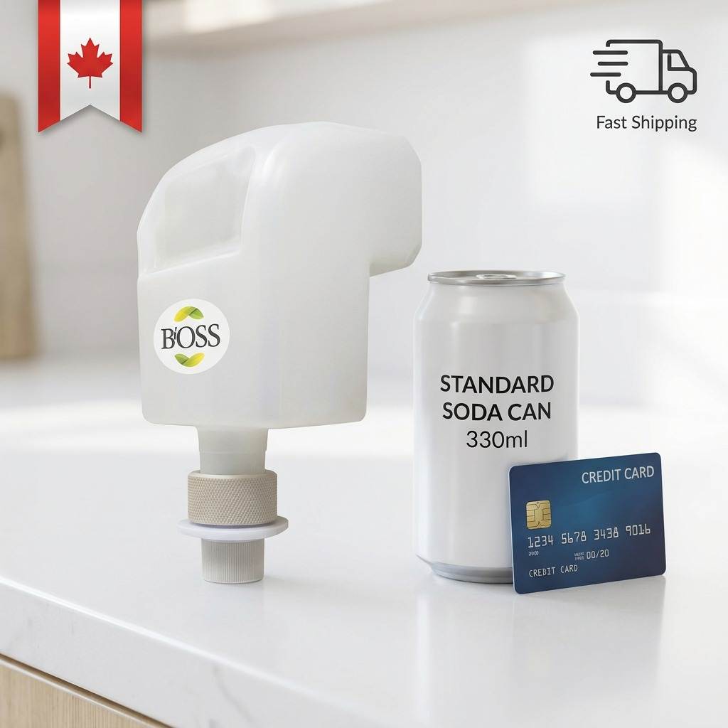 BiOSS 850ml hand sanitizer dispenser refill shown next to a 330ml soda can and a credit card for scale.