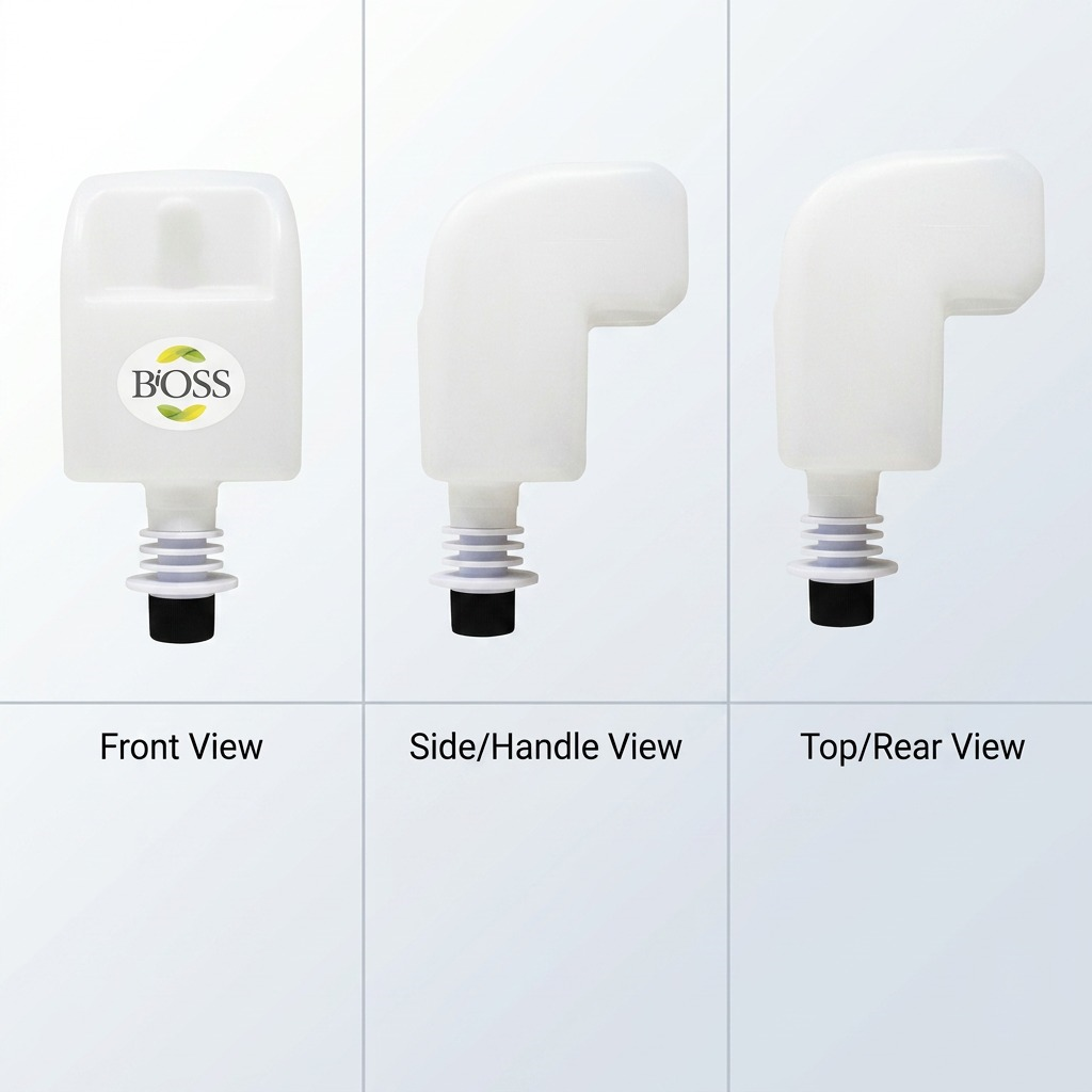 Three-view matrix of BiOSS 850ml hand sanitizer refill showing front, side, and rear angles.