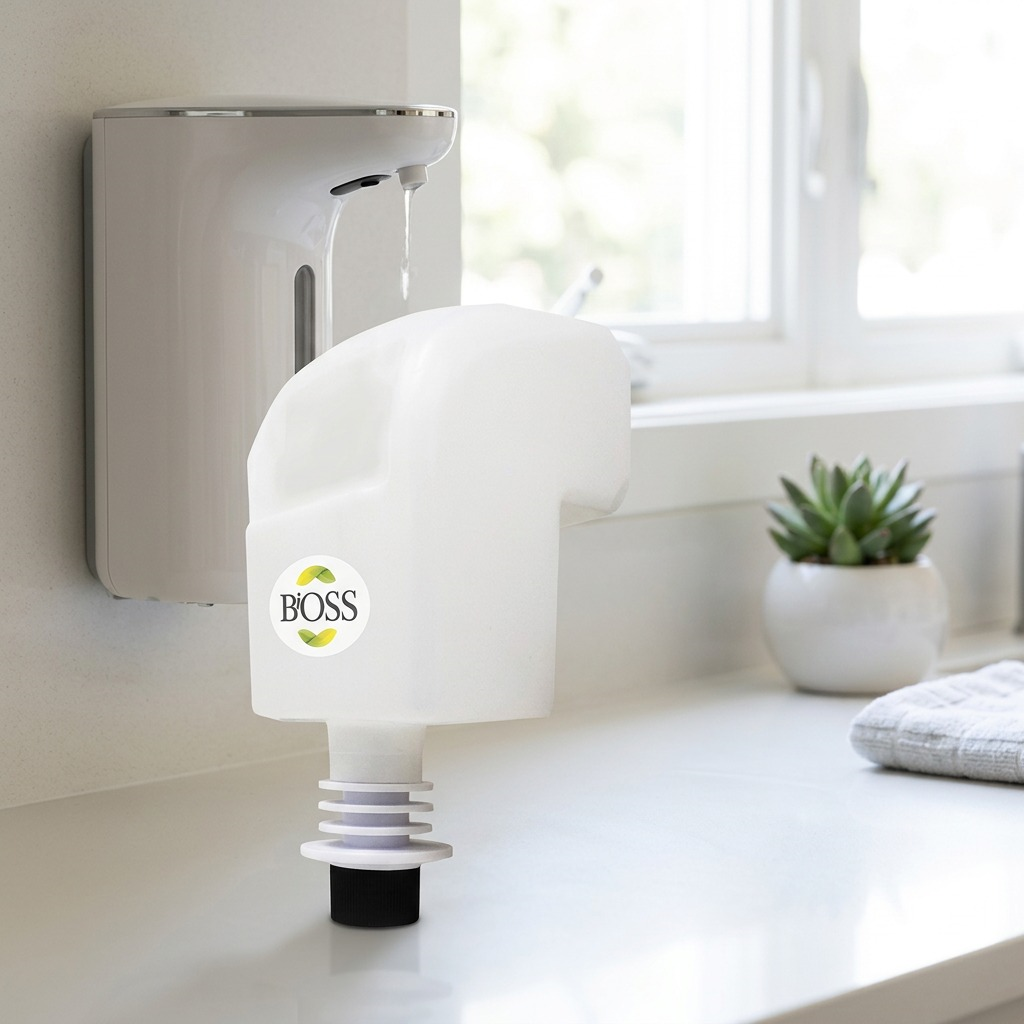 BiOSS 850ml hand sanitizer refill pouch next to a white automatic dispenser in a bright room.