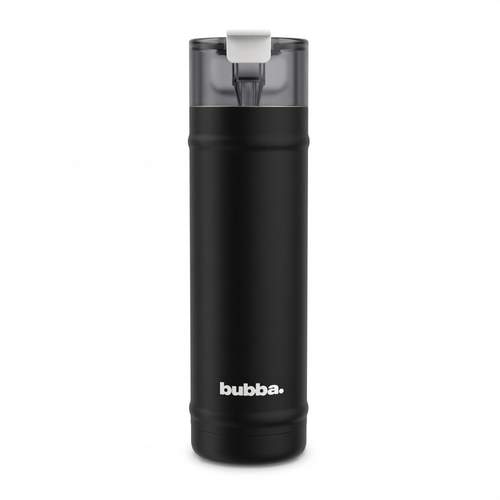 A high-resolution, centered image of a glossy black 24 oz bubba DualSip bottle with its smoke gray cap.
