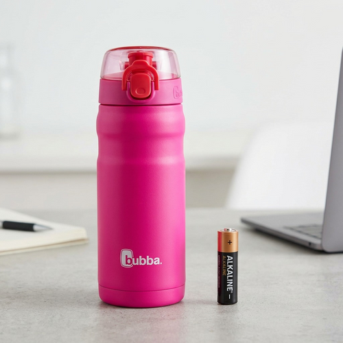 A product photograph featuring the 18 oz Flora Aura pink Bubba water bottle next to a standard AA battery.