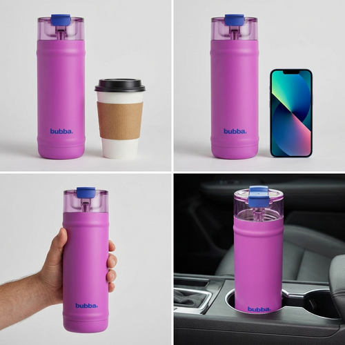 A side-by-side scale comparison of the bubba(R) DualSip water bottle and a standard disposable coffee cup.