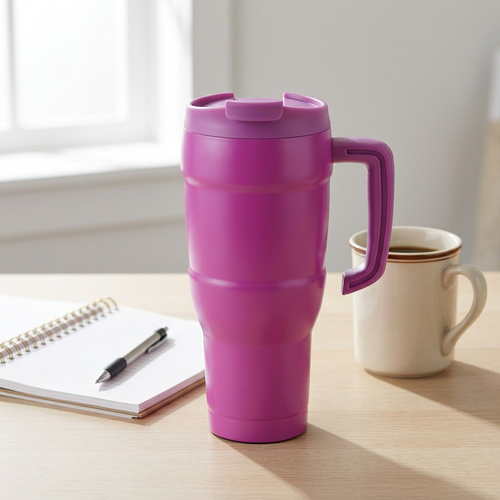 A magenta travel mug sits next to an open notebook and a classic ceramic coffee cup on a natural wood desk, showing its exact 24-ounce size comparison.