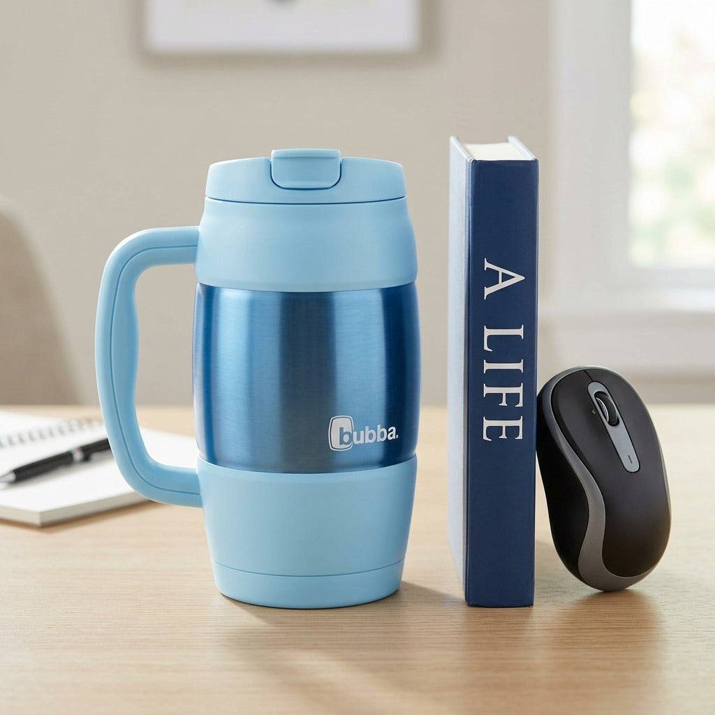 A 34 oz bubba Classic Mug in Daydream blue shown for scale next to a book and a computer mouse.
