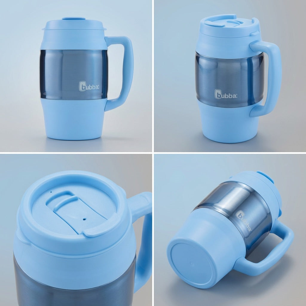 Multiple views of the 34 oz Daydream blue bubba Classic Mug showing the handle, lid, and base.