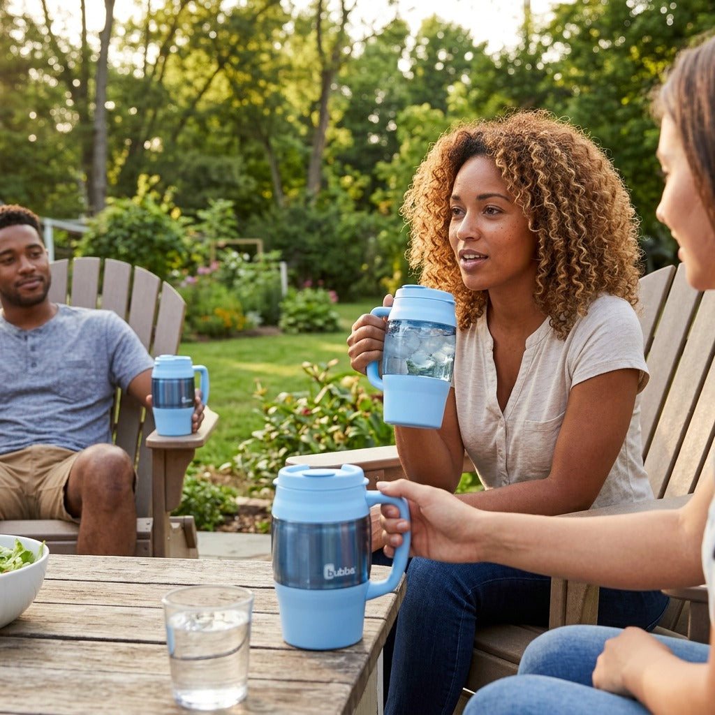 Friends enjoying cold drinks in Daydream blue bubba Classic Mugs while relaxing outdoors.
