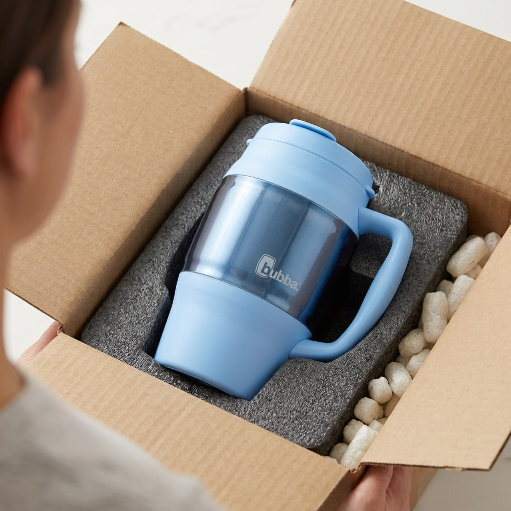 A blue 34 oz bubba Classic Mug securely packaged in a cardboard shipping box with protective foam.
