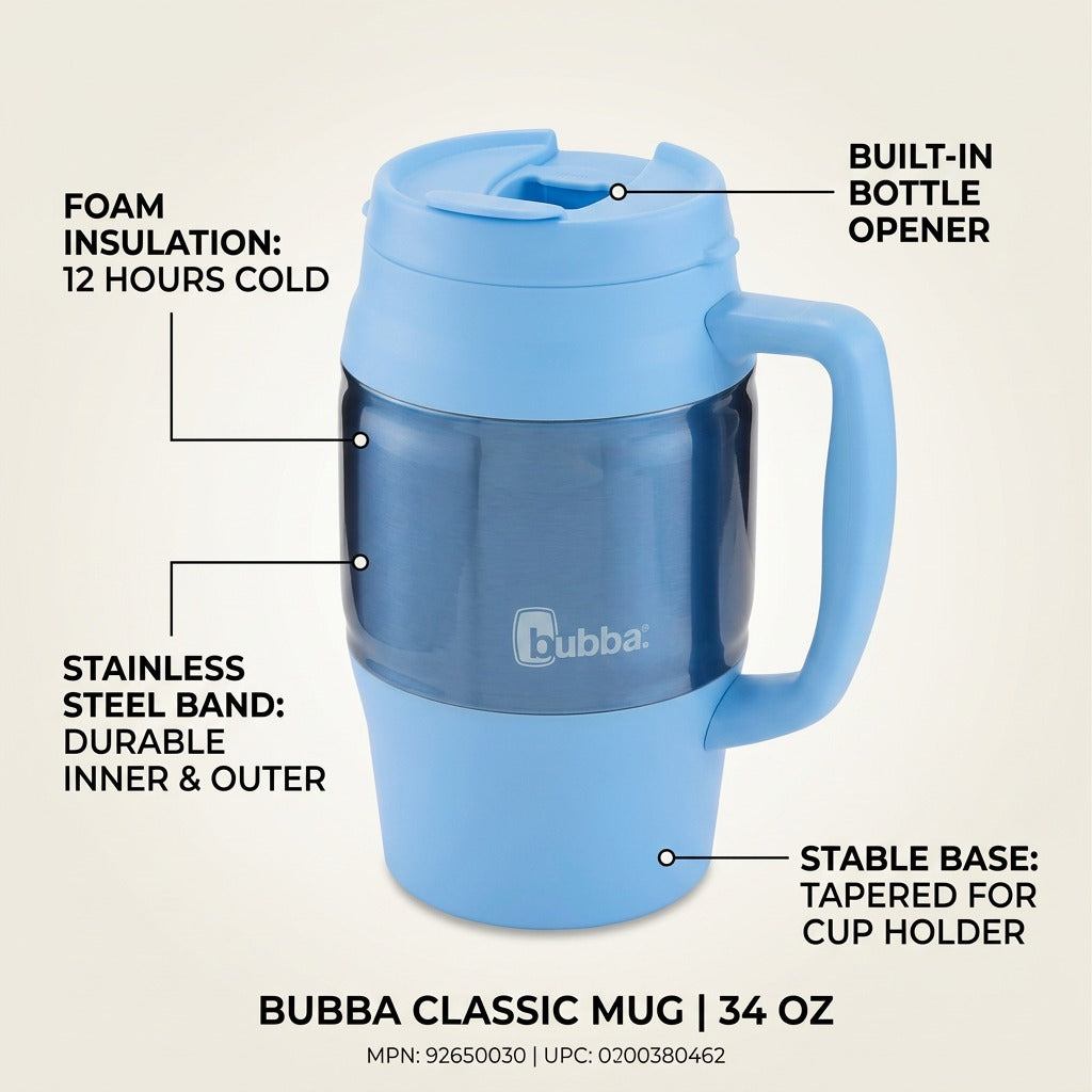 Feature graphic for the Daydream blue 34 oz bubba Classic Mug showing its built-in bottle opener, foam insulation, and stainless steel band.