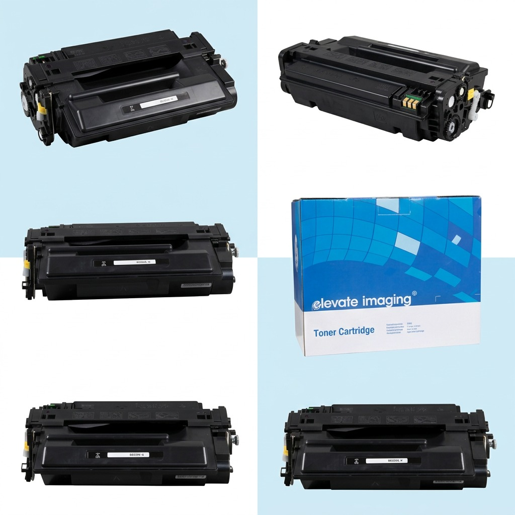 Multiple views and retail packaging of the Elevate Imaging HP 55X CE255X High Yield Black Toner.