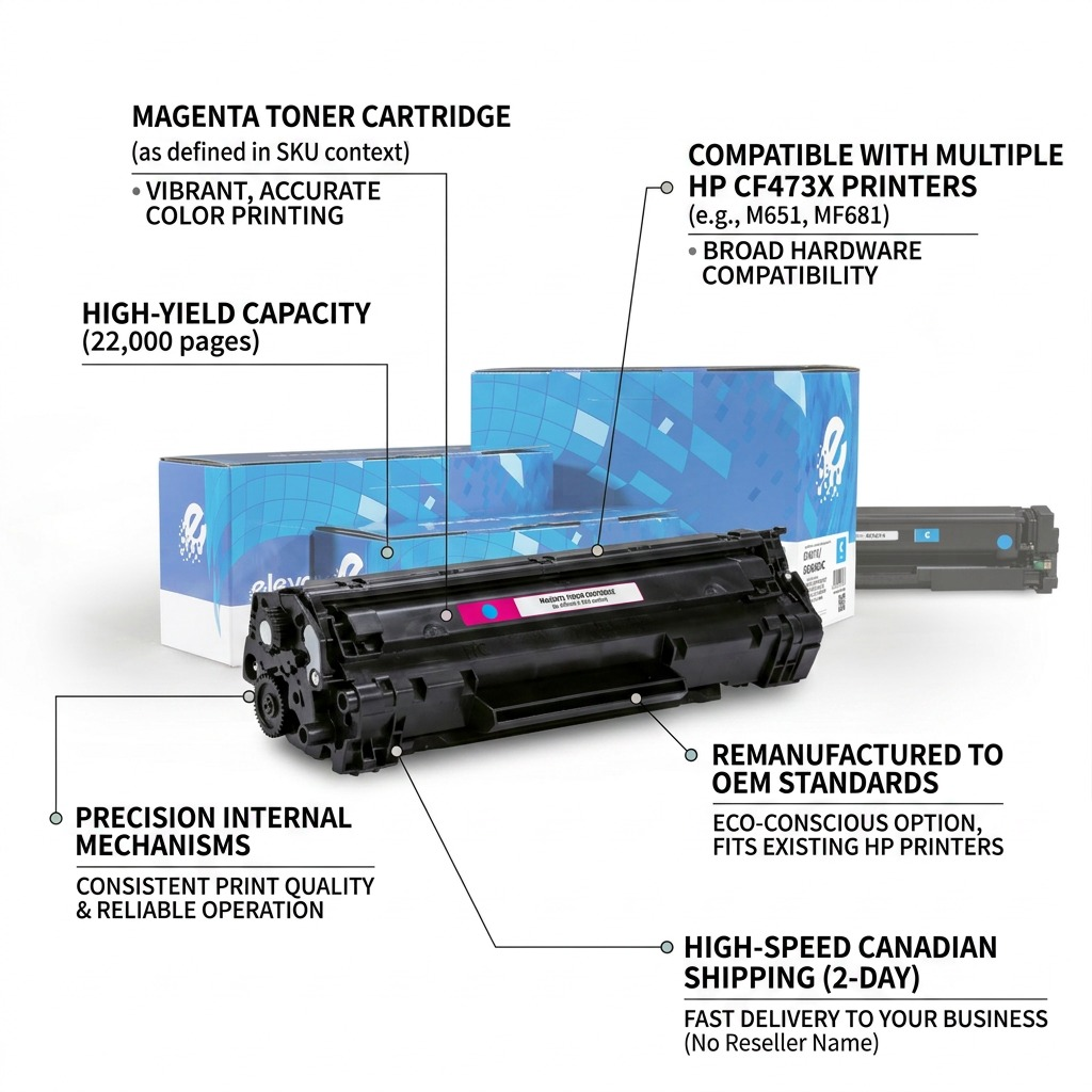 Elevate Imaging HP CF473X Magenta Toner feature callout showing high-yield 22,000 page capacity.