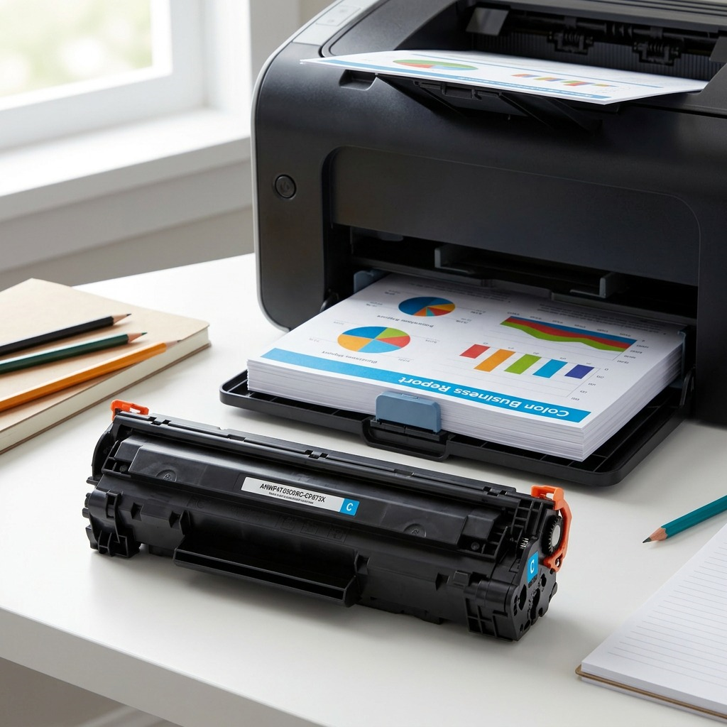 Elevate Imaging HP 656X magenta toner cartridge on a desk next to a laser printer with color reports.