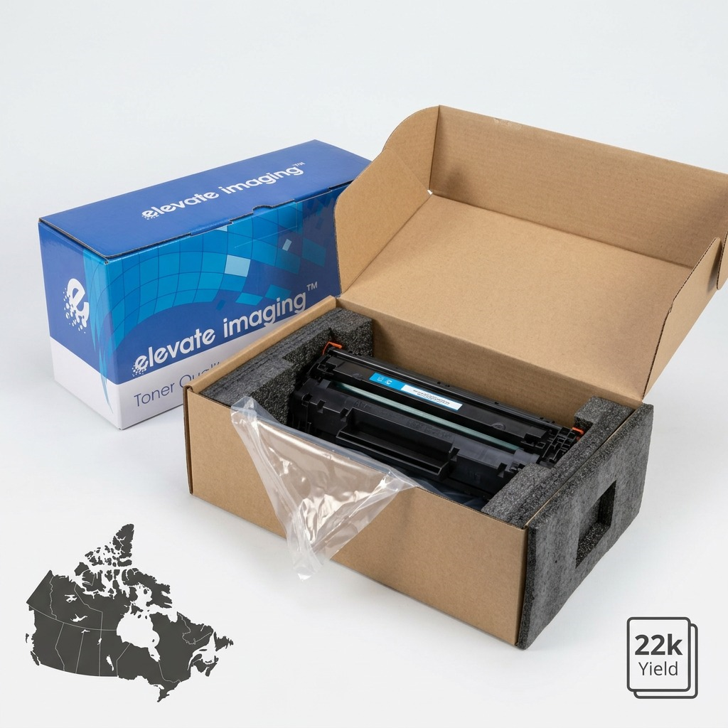 Elevate Imaging HP 656X magenta toner unboxing with secure foam inserts and protective retail box.