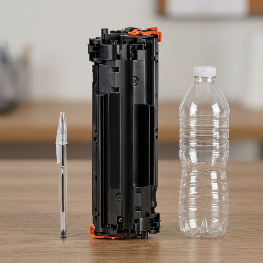 Elevate Imaging HP 656X magenta toner cartridge shown between a pen and water bottle for scale.