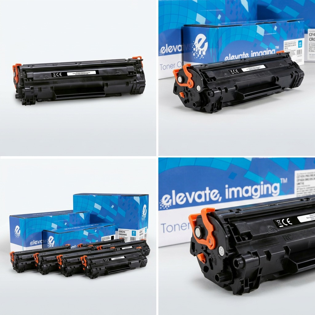 Matrix of Elevate Imaging HP 656X Magenta Toner cartridges shown from multiple angles and in bulk.