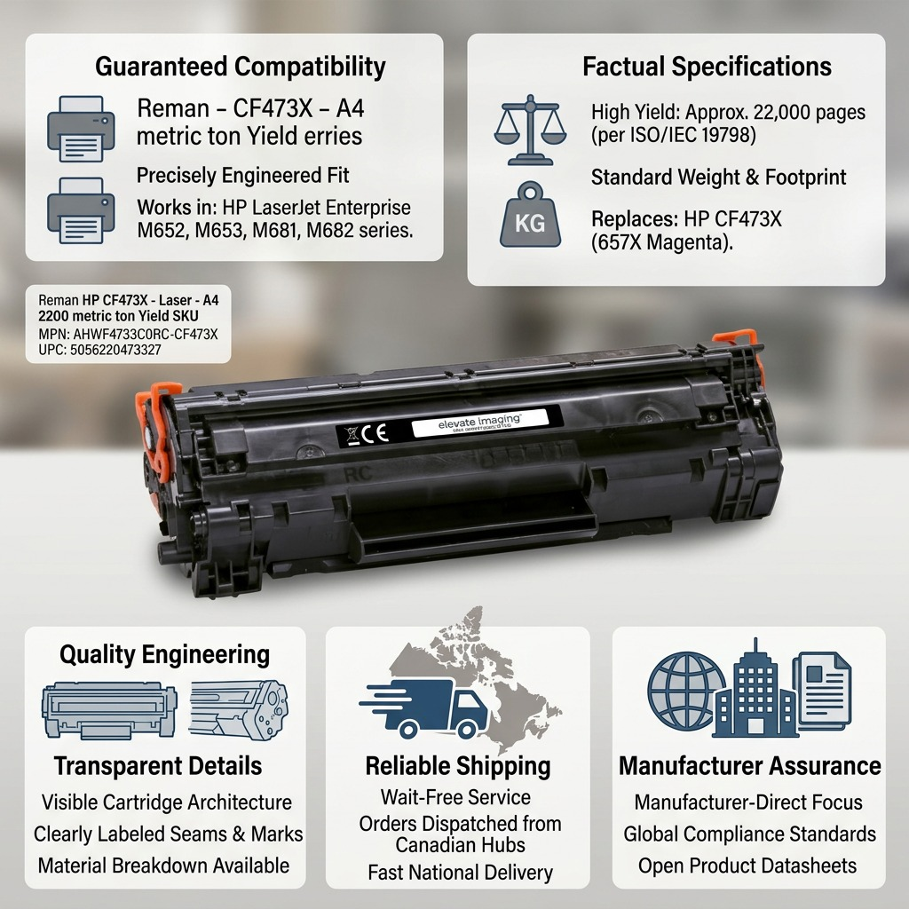 Infographic for Elevate Imaging HP CF473X Magenta Toner featuring 22,000 page yield and fast Canadian shipping.