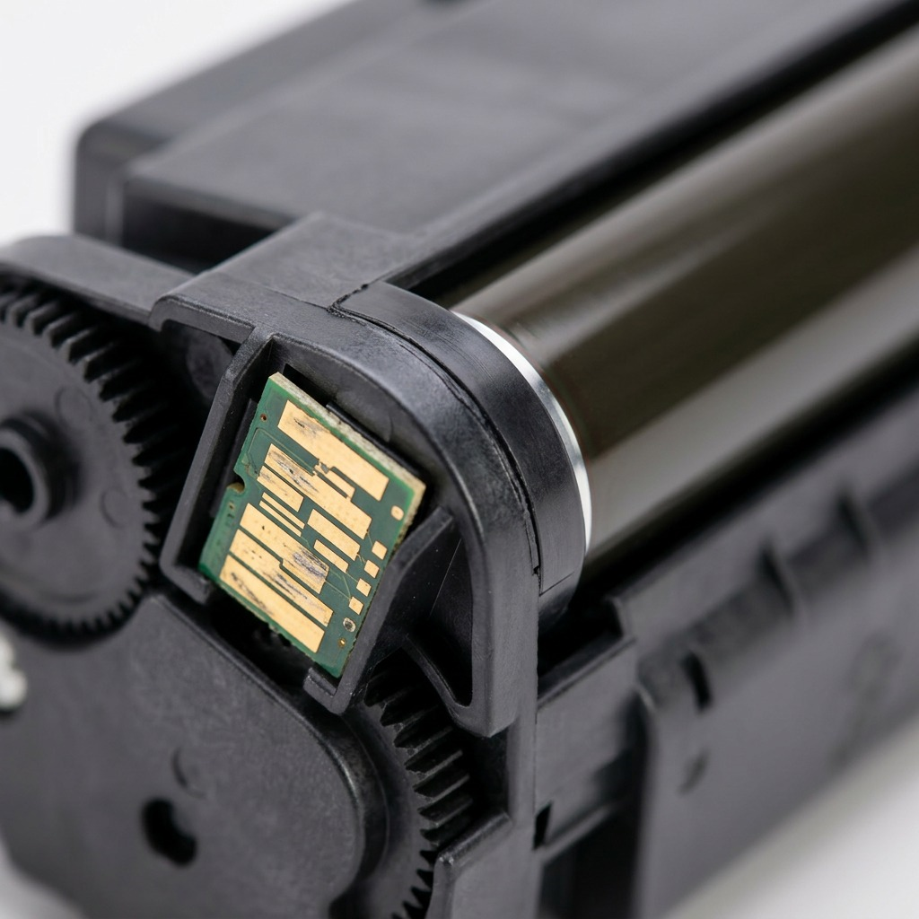 Macro detail of the electronic chip and gear assembly on an Elevate Imaging HP 656X magenta toner.