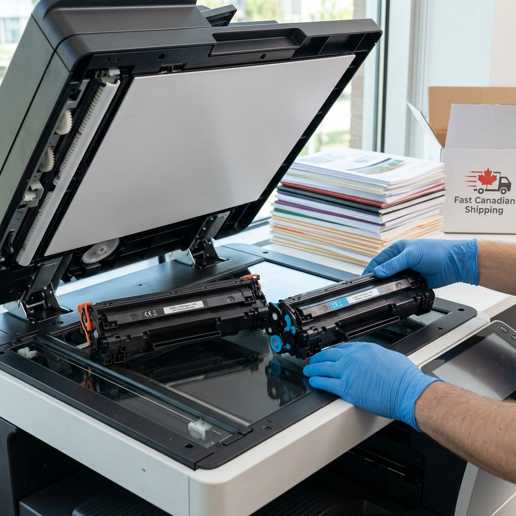 Replacing Elevate Imaging HP CF471X cyan toner cartridges in an office printer environment.