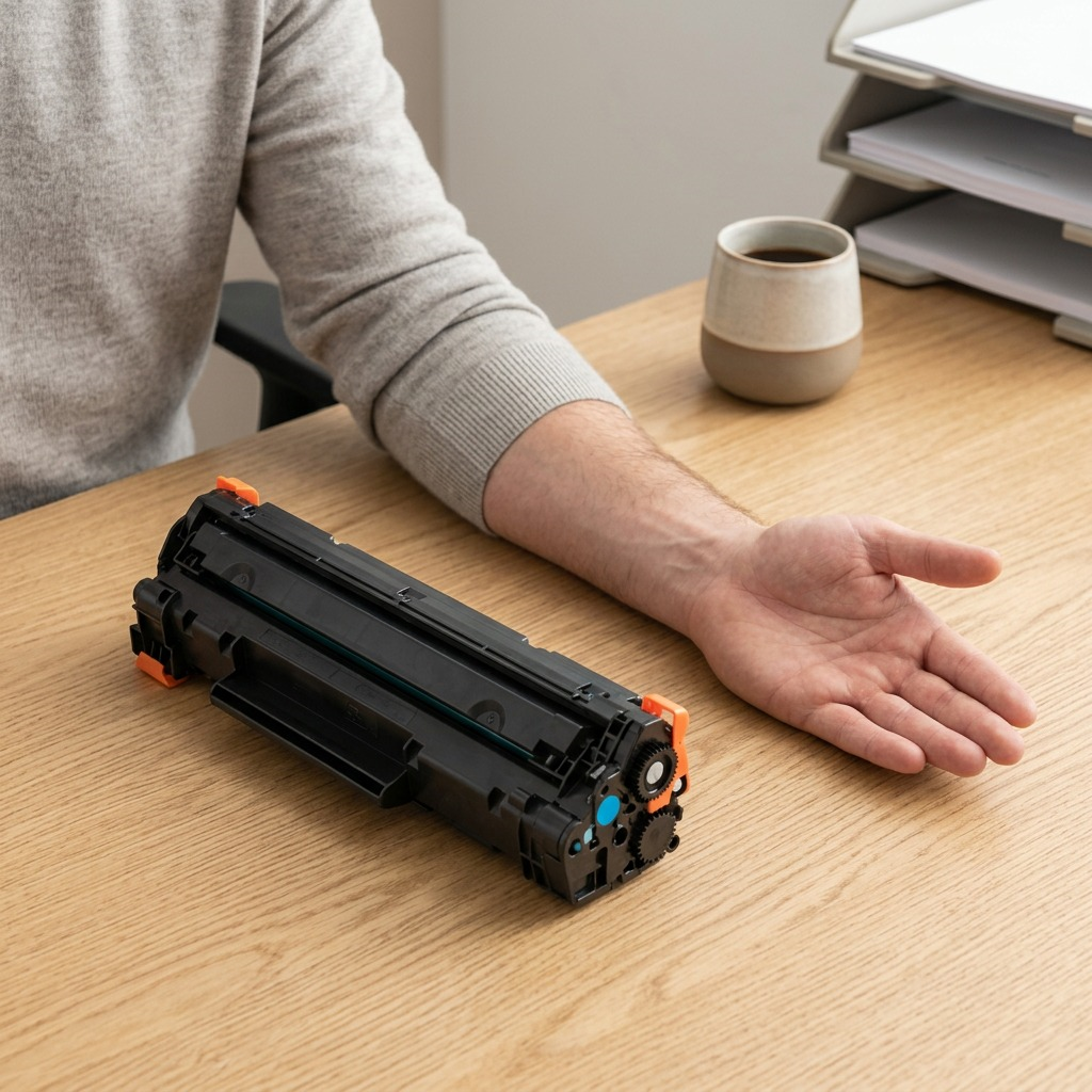 Scale reference: Elevate Imaging HP CF471X cyan toner cartridge on a desk next to a person's arm.