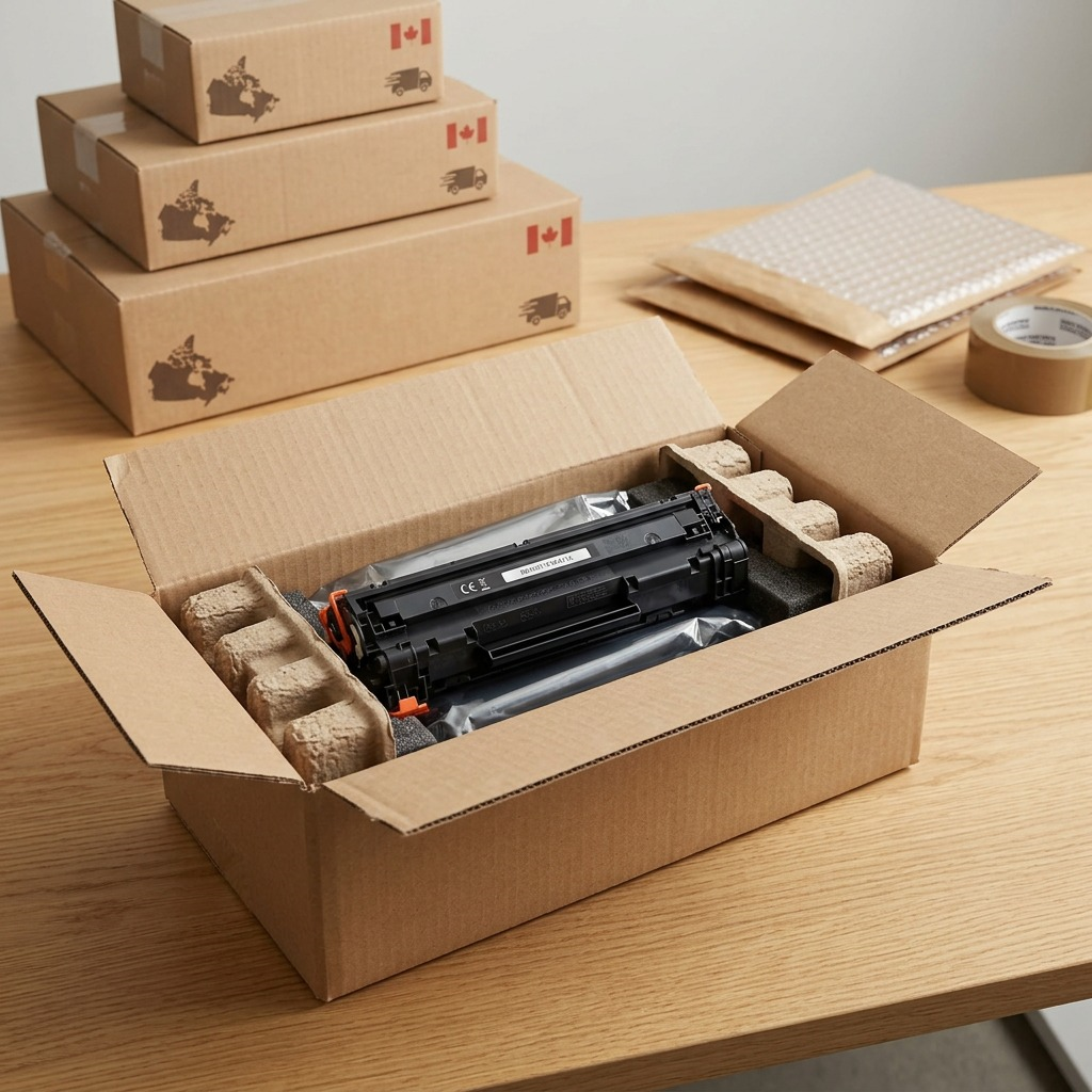 Elevate Imaging HP CF471X cyan toner securely packed in a shipping box with protective inserts.