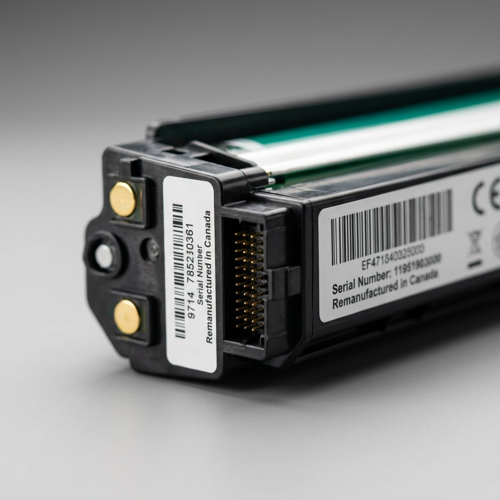 Macro view of Elevate Imaging HP CF471X cyan toner cartridge connector pins and serial label.