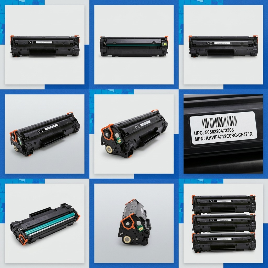 Multiple views and angles of the Elevate Imaging HP CF471X cyan toner cartridge on a grid layout.