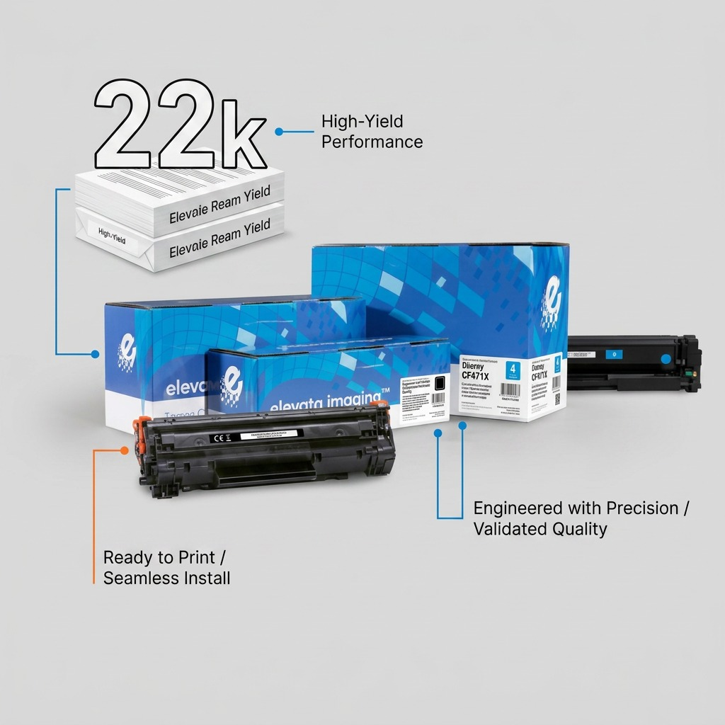 Elevate Imaging HP CF471X cyan toner cartridge bundle with 22,000 page high-yield performance.