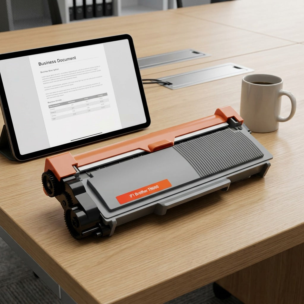 A Balloon Brand CTTN660 toner cartridge sits on a desk next to a tablet and mug for scale.