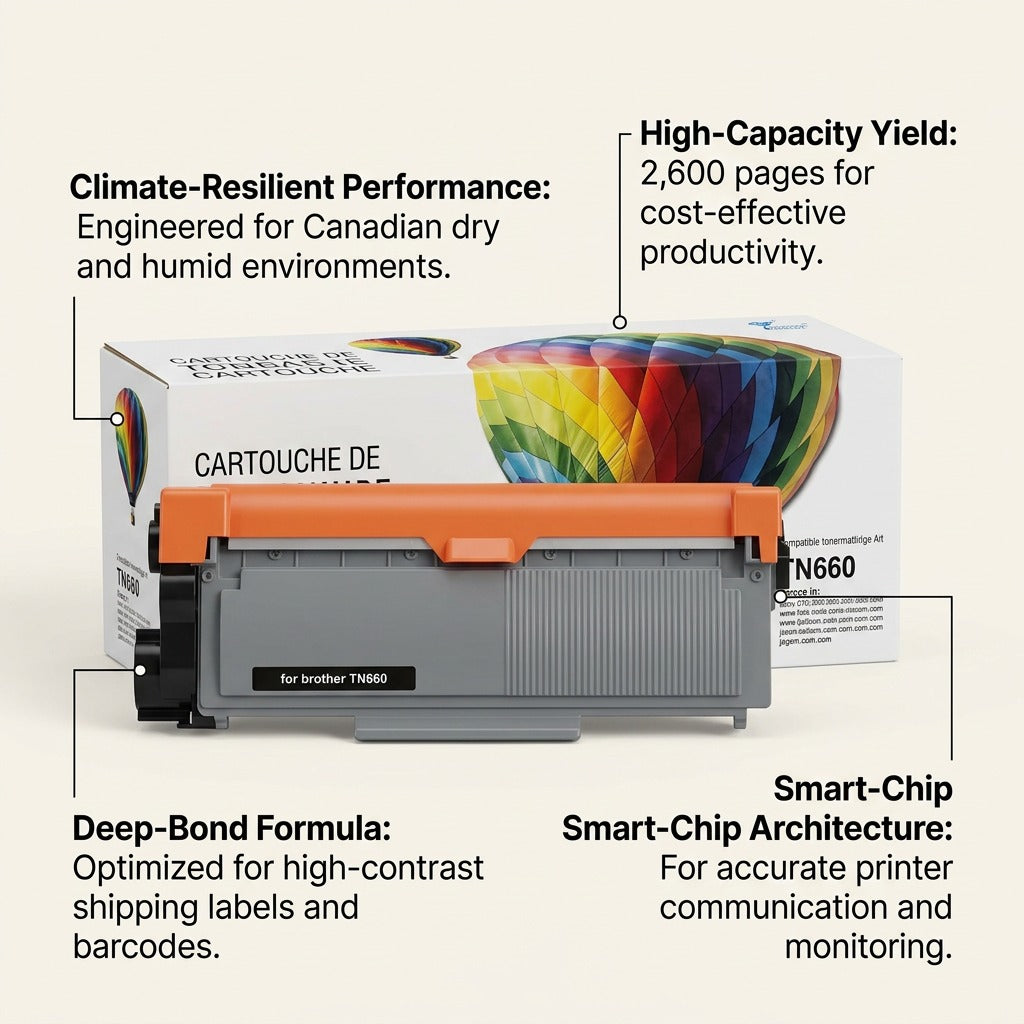 Balloon Brand CTTN660 black toner cartridge feature guide highlighting smart-chip and high yield.