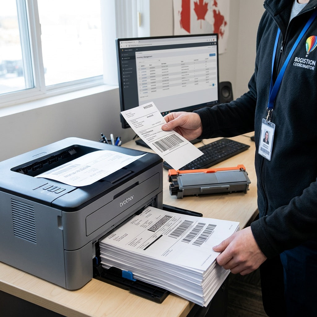 A professional holds a sharp barcode document by a printer with a Balloon Brand CTTN660 toner.