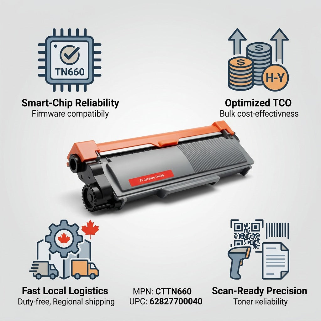Balloon Brand CTTN660 toner cartridge infographic featuring smart-chip, cost-effectivity, local logistics, and precision.