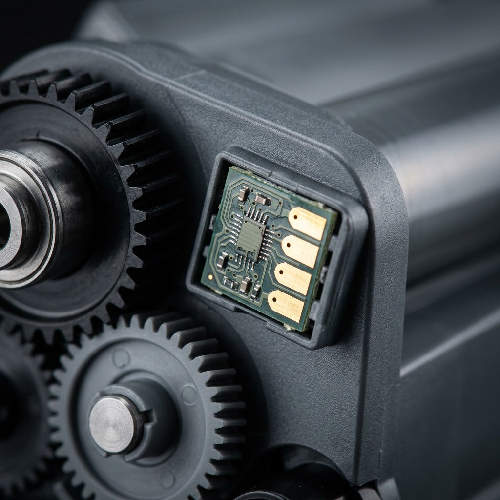 Macro detail of Balloon Brand CTTN660 toner showing the green smart chip and internal black gears.