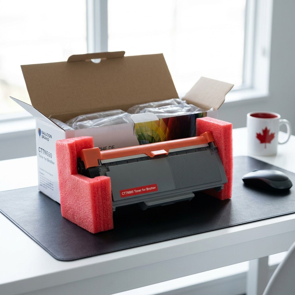 A Balloon Brand CTTN660 toner cartridge in red foam packaging next to its open shipping box.