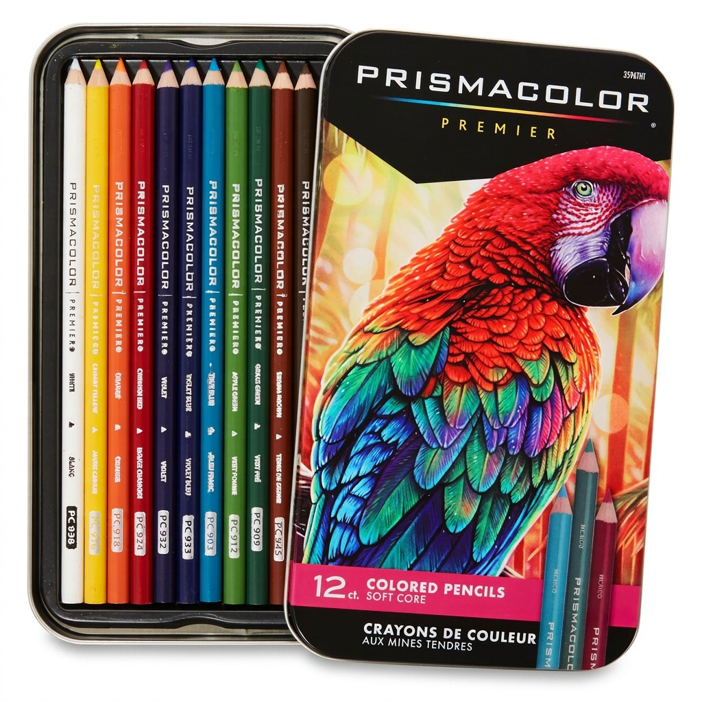 A high-resolution ecommerce hero shot of an open Prismacolor Premier 12 Count metal pencil tin.