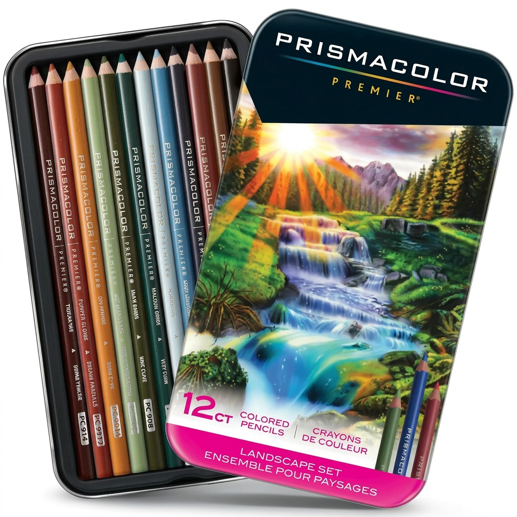 High-resolution hero shot of the Prismacolor Premier 12-count Landscape colored pencils set in its open tin, featuring a detailed waterfall illustration.