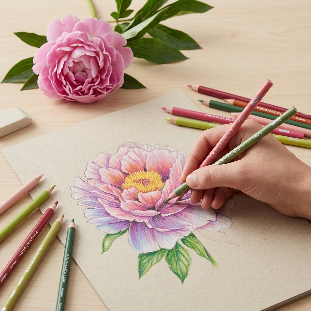 Prismacolor Premier Botanical Garden colored pencils in use on a wooden desk with a hand-drawn illustration and fresh flower.