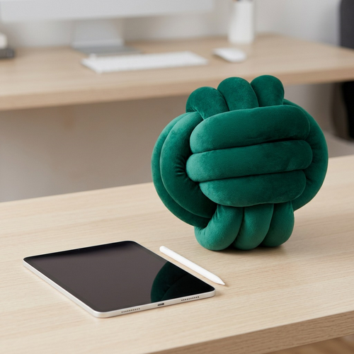 An emerald velvet knot pillow rests on a wooden desk alongside an iPad and pencil for scale comparison