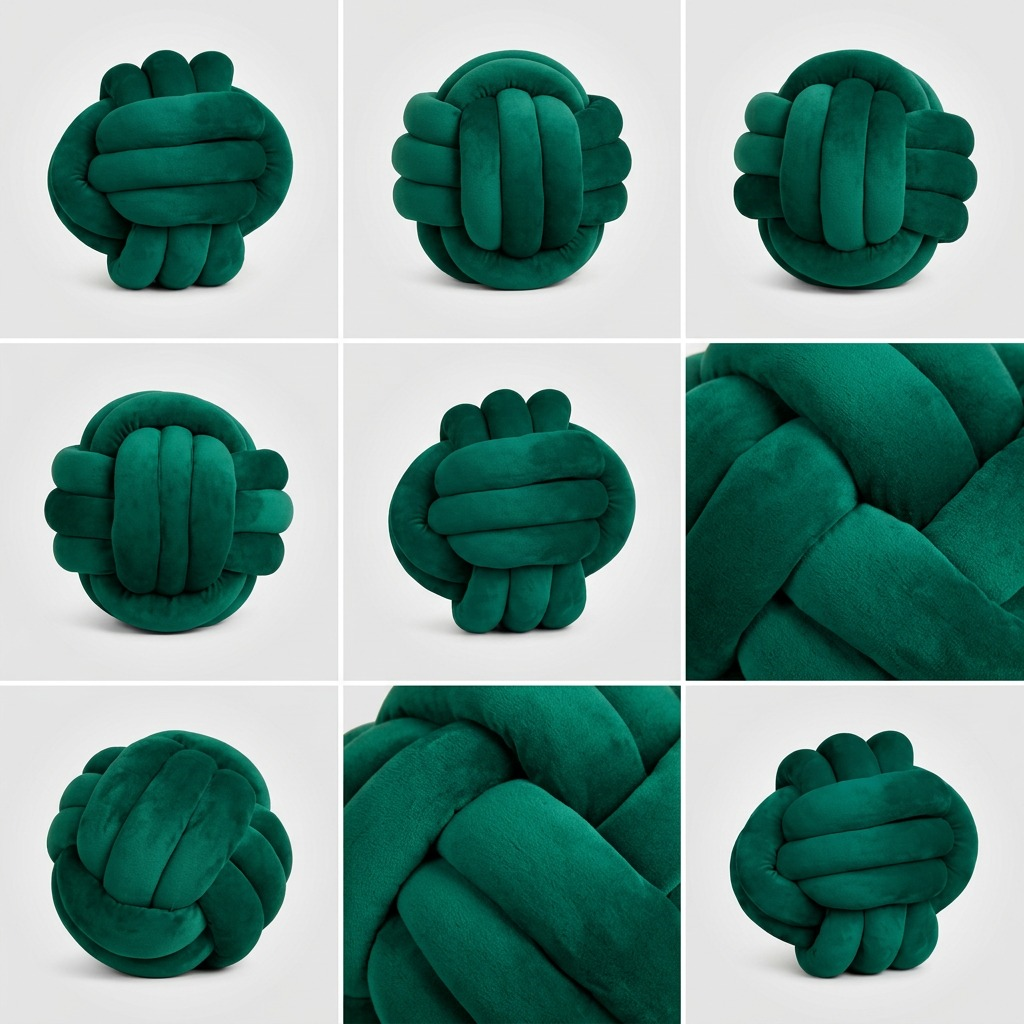 A grid displaying the fdmt Cuddle Ball in green velvet from six different angles, including front, side, and rear views, against a light gray background.
